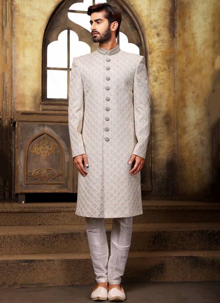 Off White Colour Party Wear Jacquard Nawabi Indo Western Collection 1113